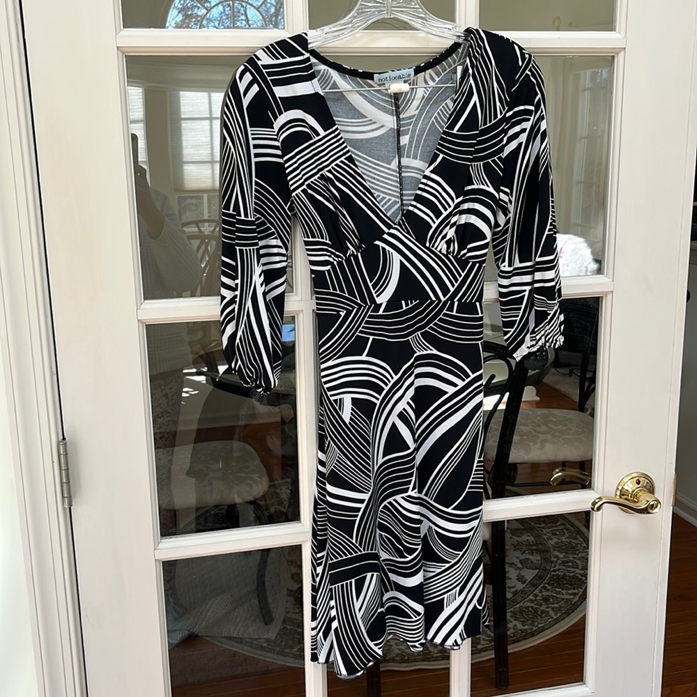 Ladies, black and white print polyester and spandex dress